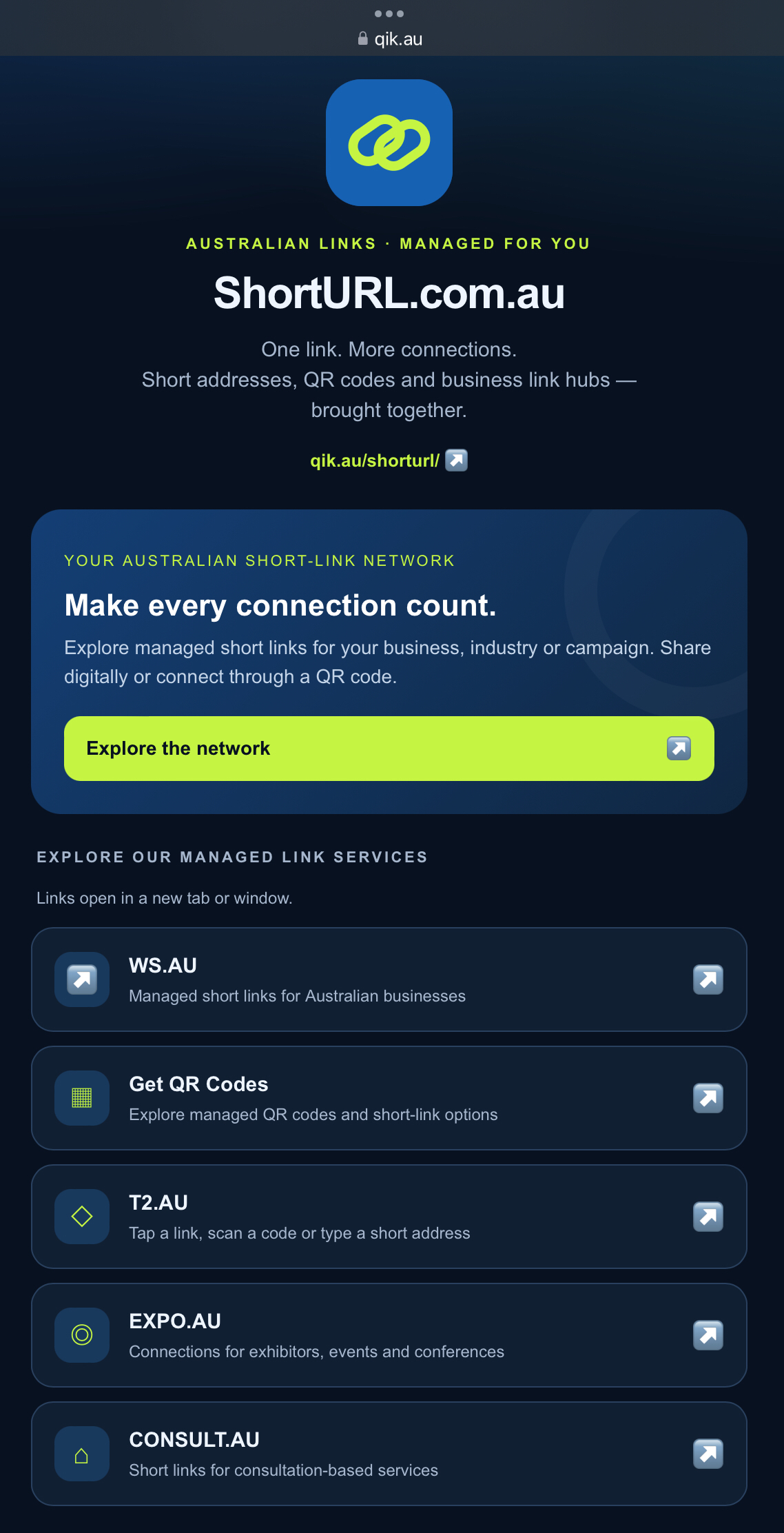 Partial preview of the ShortURL.com.au QIK.AU link hub showing its branding and Explore the network button